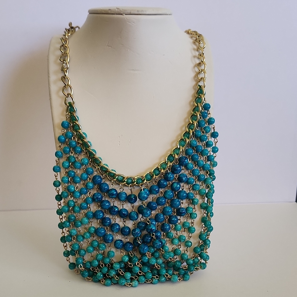 Talbots Elegant Goldtone and Blue Beaded Bib Necklace